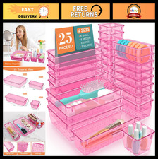 25 PCS Clear Pink Plastic Drawer Organizer Set - 4 Sizes for Makeup, Jewelry  G