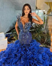 Blue Mermaid Prom Dresses Shiny Crystals Beading Ruffles Long Train Party Dress