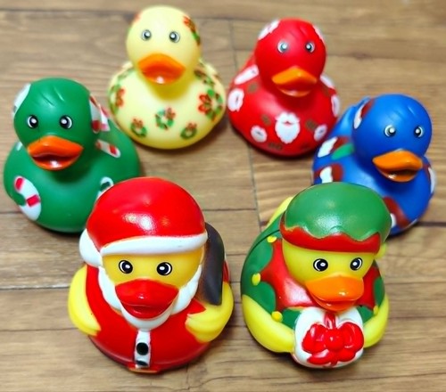 6 PATTERNED Christmas Santa Elf CRUISING DUCKS RUBBER DUCKIES 2"
