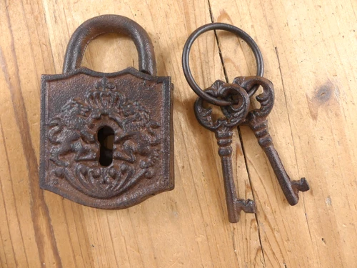 Cast Iron Lock And Key Set Large Antique Vintage Look Finish Prop Skeleton Key - product listing photo