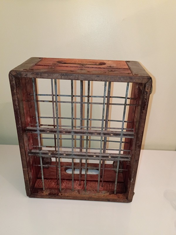 Vintage Antique Wooden Milk Bottle Crate with Metal Dividers & Corner Braces