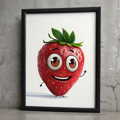 Niedliche Erdbeere lustig schrullig Küche Dekor Wand Obst Kunstdruck Poster Illustrat
