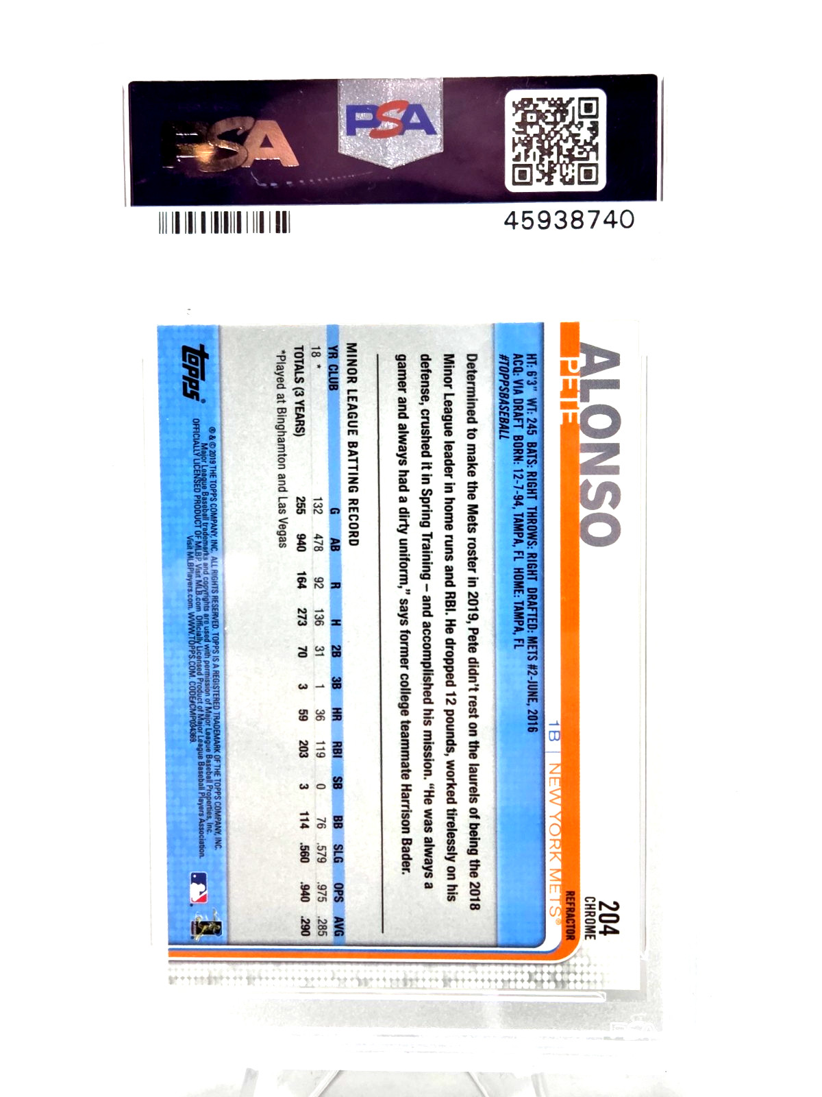 2019 Topps Chrome XFRACTOR REFRACTOR PETE ALONSO RC Card PSA 10 GEM MINT view 2