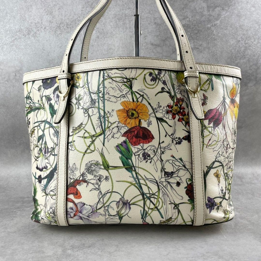 GUCCI Floral Botanical White Leather Tote Bag with Shoulder Strap Excellent thumbnail 2