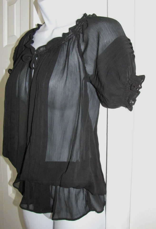 Top MILEY CYRUS Peplum Transparente Manga Corta Abullonada Plisado Delantero Cuello Redondo Wm. S Foto 2 de 4