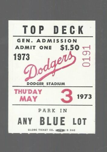5/3/73 DODGERS VS CUBS TICKET STUB VG/EX RON SANTO HOF 2 HITS 2B RUN