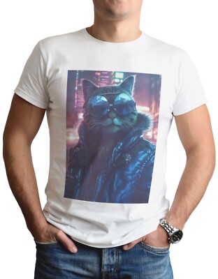 Cyber Punk Katze T-Shirt Herren lustig Sci-Fi Tierliebhaber Katzen cool Geschenk Top Tee