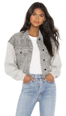 AllSaints Anders Mixed Media Leopard Print Trucker Jacket Sweatshirt Sleeves M/L