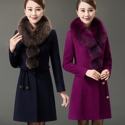 Plus Size Women Wool Blend Coat Fur Collar Slim Mid Length Outwear Jacket Winter