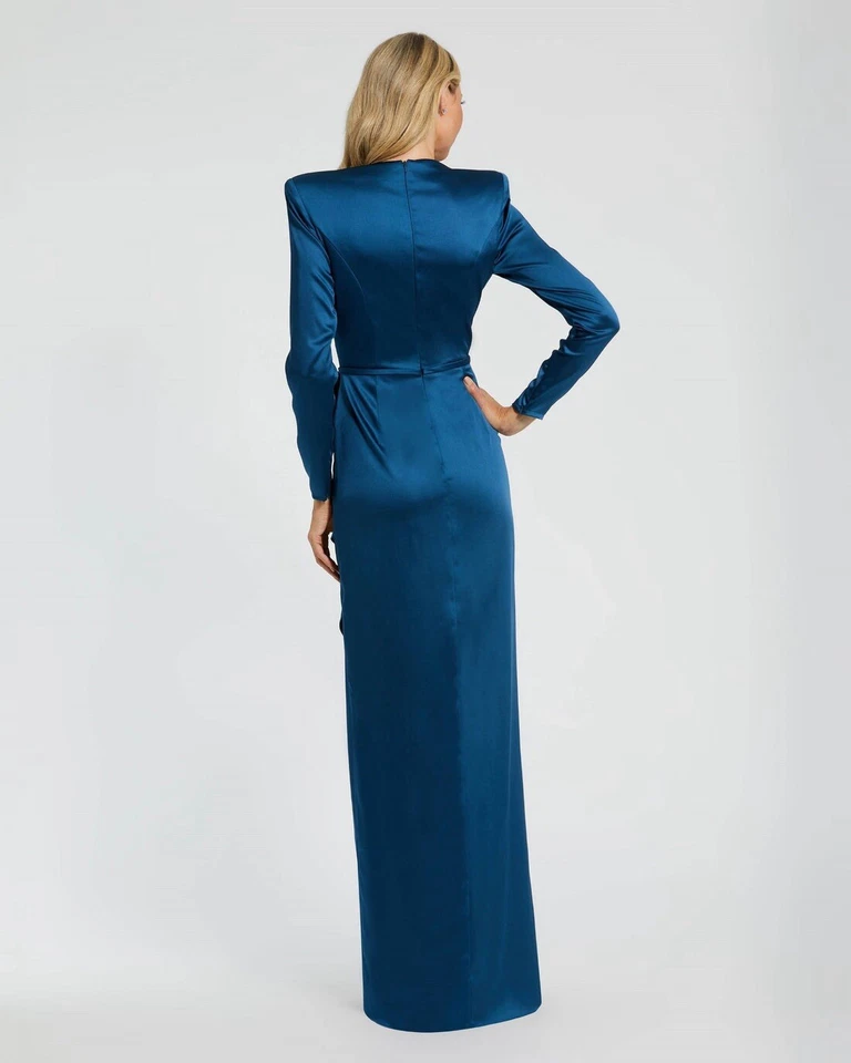 Mac Duggal Ieena 10 Long Sleeve Structured Bow Draped Gown Blue 26676 NWT Flaw - Image 4 of 4