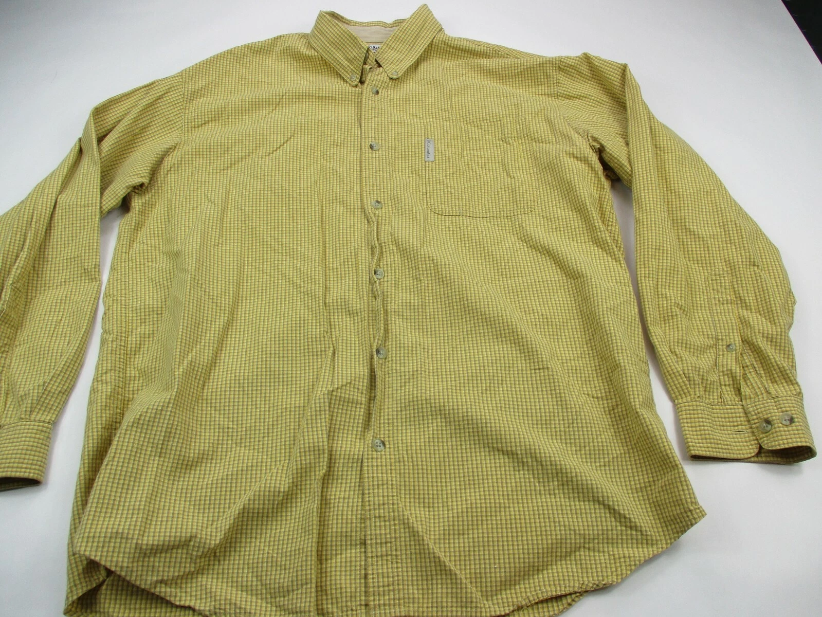 Columbia Shirt Mens XL Button Up Yellow Checks Pocket Cotton