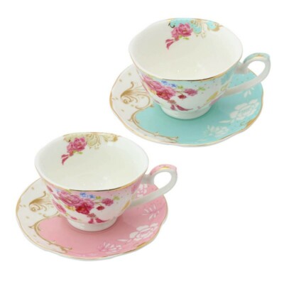 Pink/Blue Rose Dots 2 Assorted Cups and Saucers, Set of 4