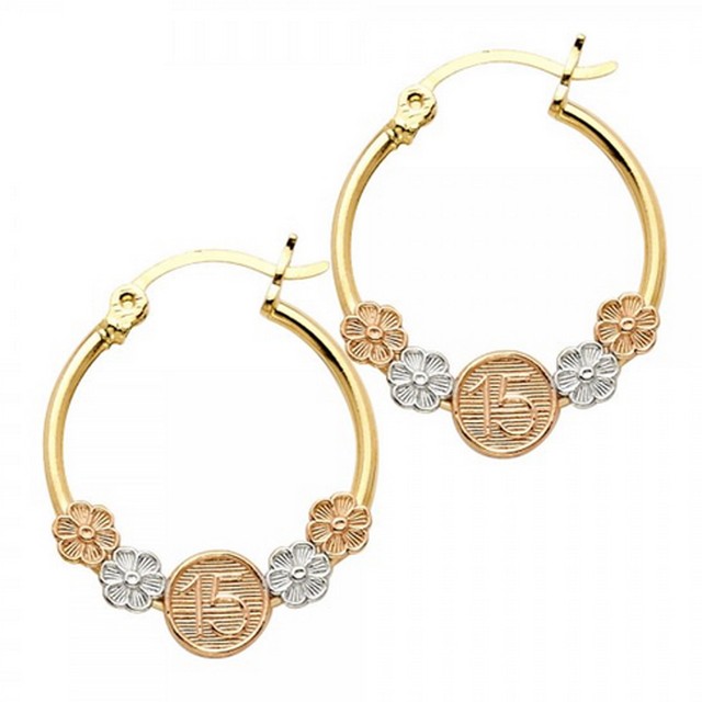 14k Tri Tone Gold Hoop Earrings 15 Quinceañera Oro Aretes Quince Años