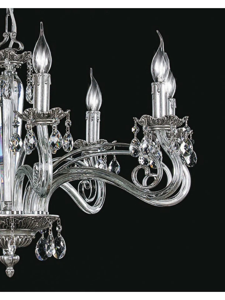 LAMPADARIO CLASSICO IN CRISTALLO E OTTONE FOGLIA ARGENTO  - Immagine 2 di 2