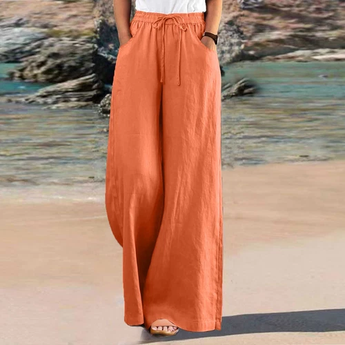 Women Cotton Linen Pants Solid Wide Leg Casual Loose Pants High Waist Trousers - Bild 10 von 36
