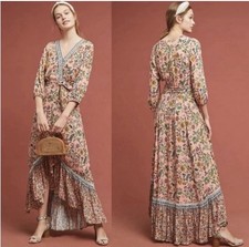 Anthropologie FARM RIO Clara Wrap Dress Pink Floral Ruffle Hem Size Small Boho