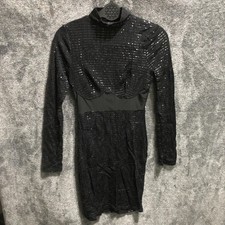 Fashion Nova Dress Womens Small Black Sequin Bodycon Long Sleeve Mock Neck