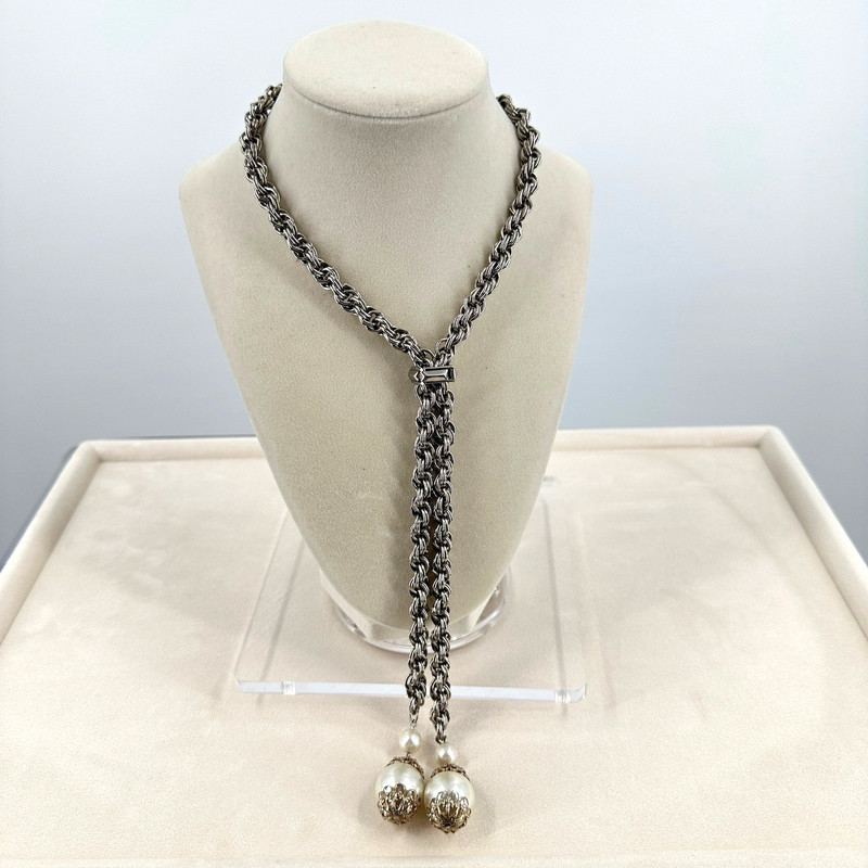 Vtg Silver Gold Tone Bolero Lariat Necklace Faux Pearls Drop Fringe 30" Retro