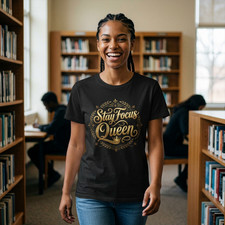 Stay Focus Queen T-Shirt | Inspirational Script Typography, Gold Accent