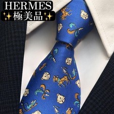 HERMES Necktie Silk 9.0cm Blue Horse Motif D