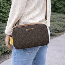 NWT Michael Kors Signature Logo Crossbody Bag Brown MK Gold Hardware