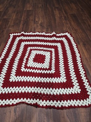 Crochet Red and White Granny Square Lap Blanket Throw Handmade 33  x 33 