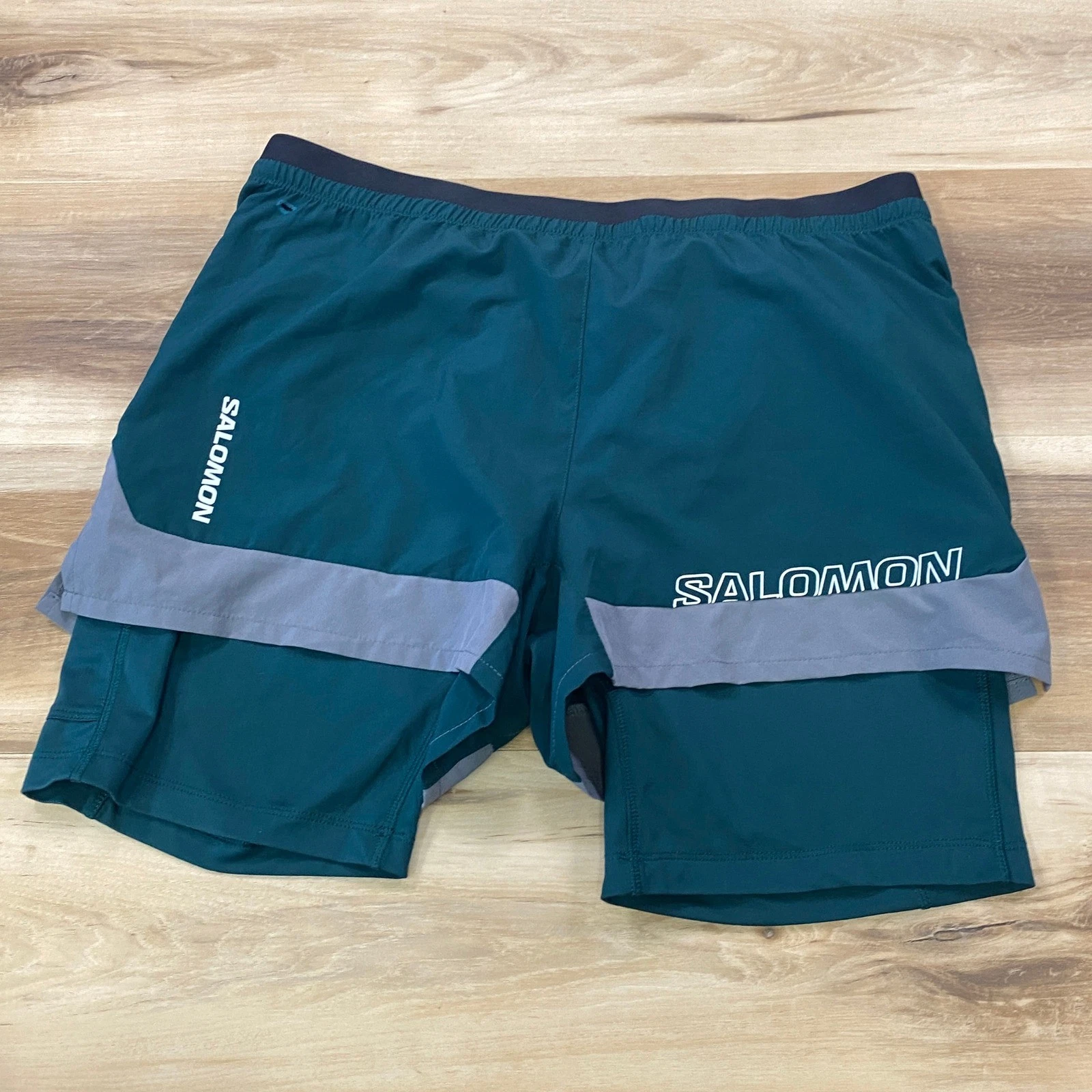 Salomon Running Shorts Mens Medium Gorpcore 2-in-1 Liner Polyester Teal Athletic