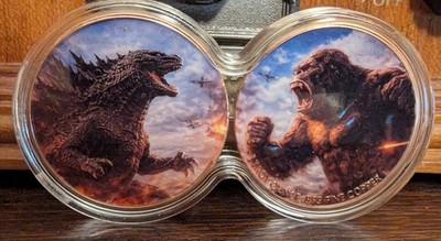 1 Oz .999 Fine Copper Godzilla and King Kong 2 Coin Set. In Double Capsule. 