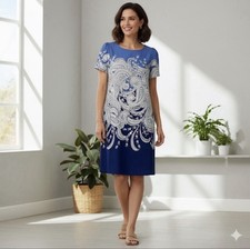 Talbots Blue White Paisley Knit Sheath Dress Size Large L Short Sleeve Stretch