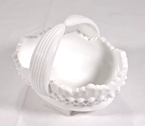 Vintage White Milk Glass Hobnail Basket Scalloped Edge Ribbed Split Handle Oval
