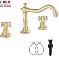 Deck Mounted 3 Hole Faucet Brushed Gold W/ 2 Handles Pop Up Drain Hose Included