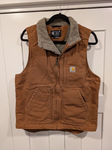 Carhartt OV4277-M Duck Mock-Neck Vest Jacket Mens S Tan Sherpa-Lined Full-Zip