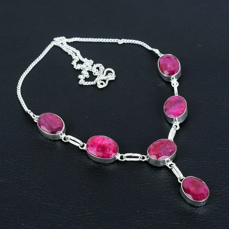 Collar de piedras preciosas de ónix rosa plata de ley 925 hecho a mano joyería regalo 18" Foto 3 de 4