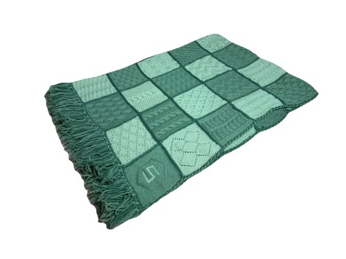 Vintage Green Checkerboard Blanket Quilt S Monogram Fringe Knit Plaid Throw - Picture 3 of 8