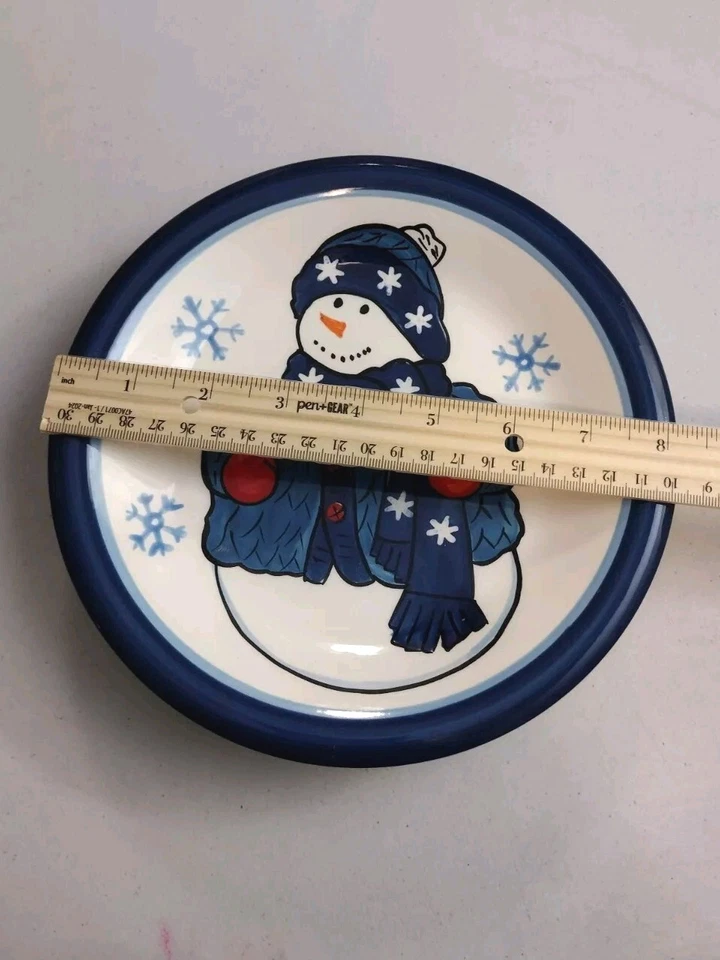 Libbey Snowman 8" Plates Salad Luncheon Ceramic Christmas Winter Blue Snowflake - Image 2 of 4
