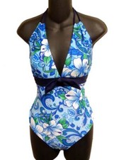 Robby Len Swimming Womens Blue Floral 1 Piece Swim Bathing Suit 12