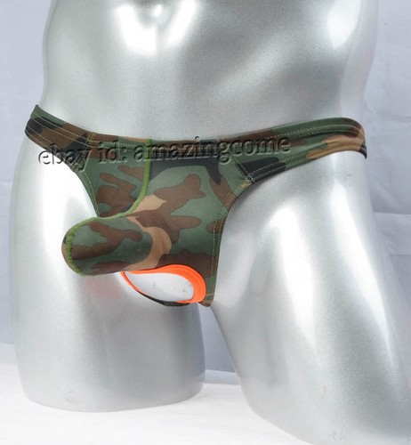 Men Camouflage Ball Hole Thong Underwear Bikini Nuts Out Long Pouch T-Back Pants - Picture 2 of 4