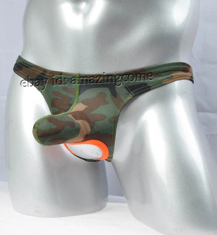 Men Camouflage Ball Hole Thong Underwear Bikini Nuts Out Long Pouch T-Back Pants - Image 2 of 4