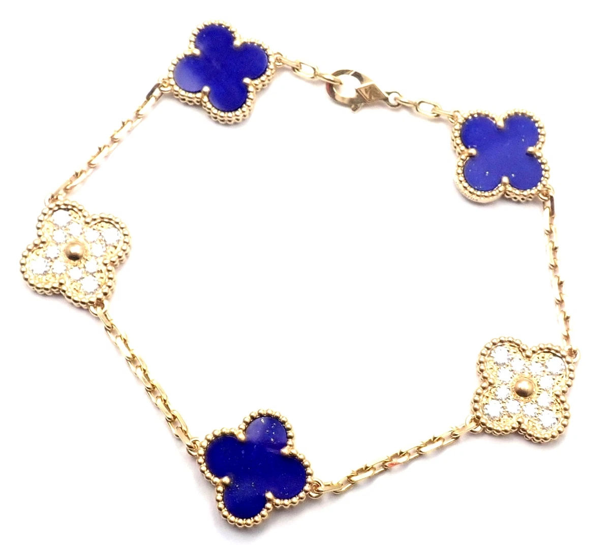 Van Cleef Arpels Vintage Alhambra 18k Yellow Gold Diamond Lapis Bracelet Cert