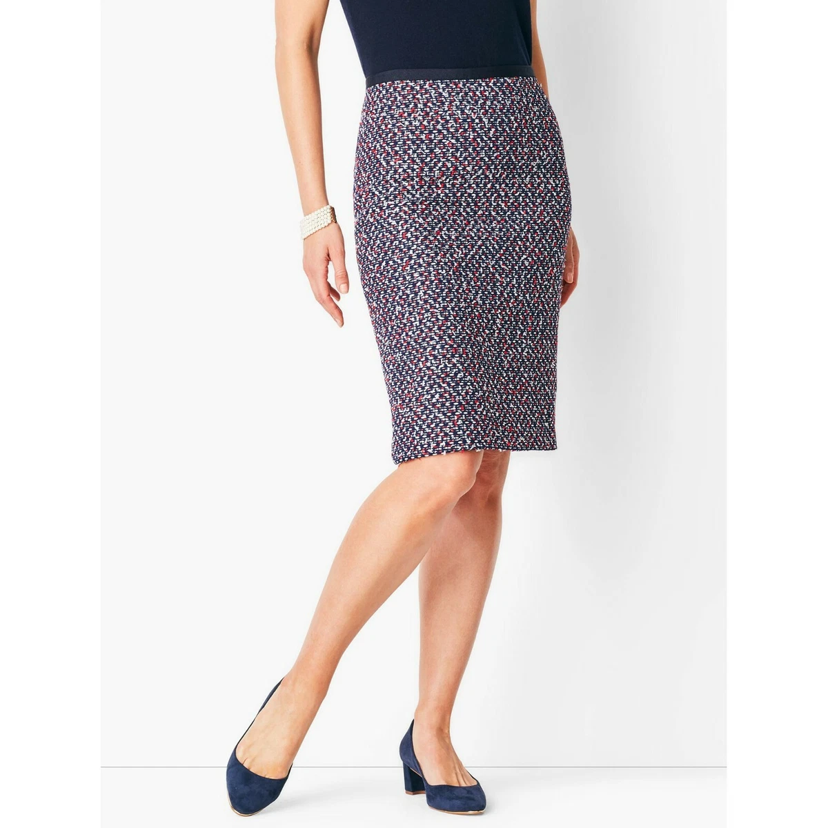NWT Womens Petite Size 10P Talbots Red White Blue Knee Length Tweed Pencil Skirt