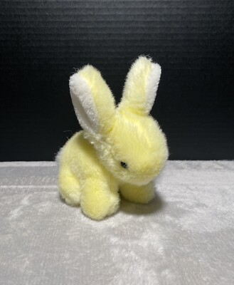 Vintage Yellow Bunny Rabbit Plush Rattle Bow 7''L Stuffed Easter Toy Pet Lovey