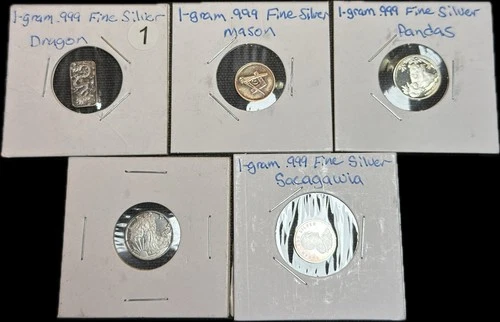 5 X 1 Gram .999 Fine Pure Silver Round Bullion Toned Dragon, Panda, Eagle