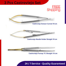 T/C 3 Pcs Castroviejo Micro Surgery Scissors Needle Holder Suture Tying Forceps