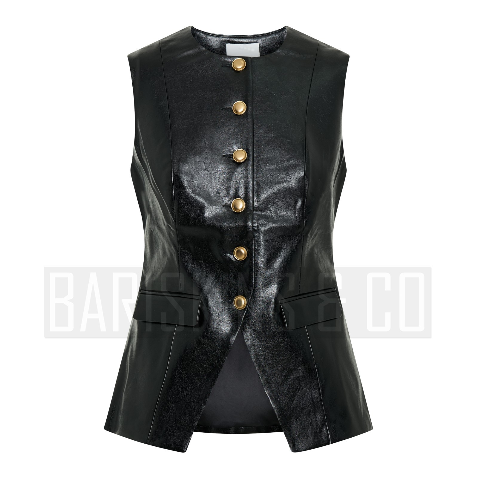 Leather Vest Womens Black Fitted Sleeveless Waistcoat Gold Button Biker Style Ch