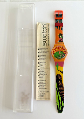 Vintage 1994 SWATCH Tequila GO102 Gent Watch Orange Cactus  Working W/BOX Insert