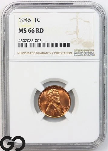 1946 Lincoln Cent Wheat Penny, Lustrous RED, NGC MS 66 RD