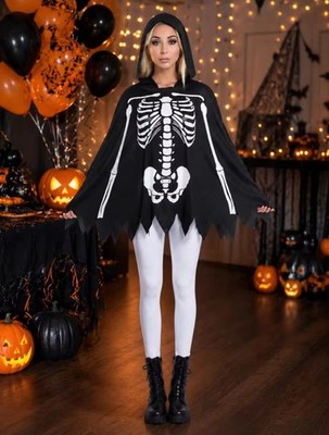 Halloween Skeleton Ghost Hooded Poncho Cape Adult Costume Cosplay Party