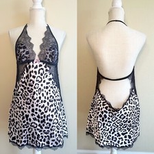 VS Victoria's Secret L Chemise Dress Lingerie Halter Lace Backless Satin Leopard