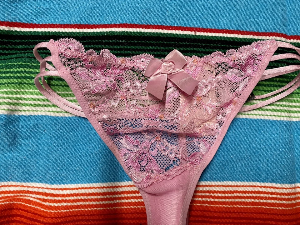NUEVO CON ETIQUETAS Donna L’Oren Rosa Sexy Transparente Encaje Lentejuelas Triple Correa Tanga Bragas M Foto 2 de 3