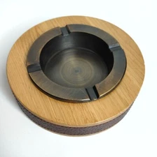 Vtg Von Pok Chang Ashtray Round Wood Faux Leather Heavy Metal MCM Retro 6.5"NEW